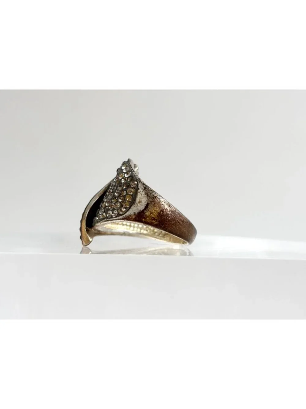 Modernist Folded Multi Rhinestone Brass Plated Malaysian Vintage Ring - sz 8